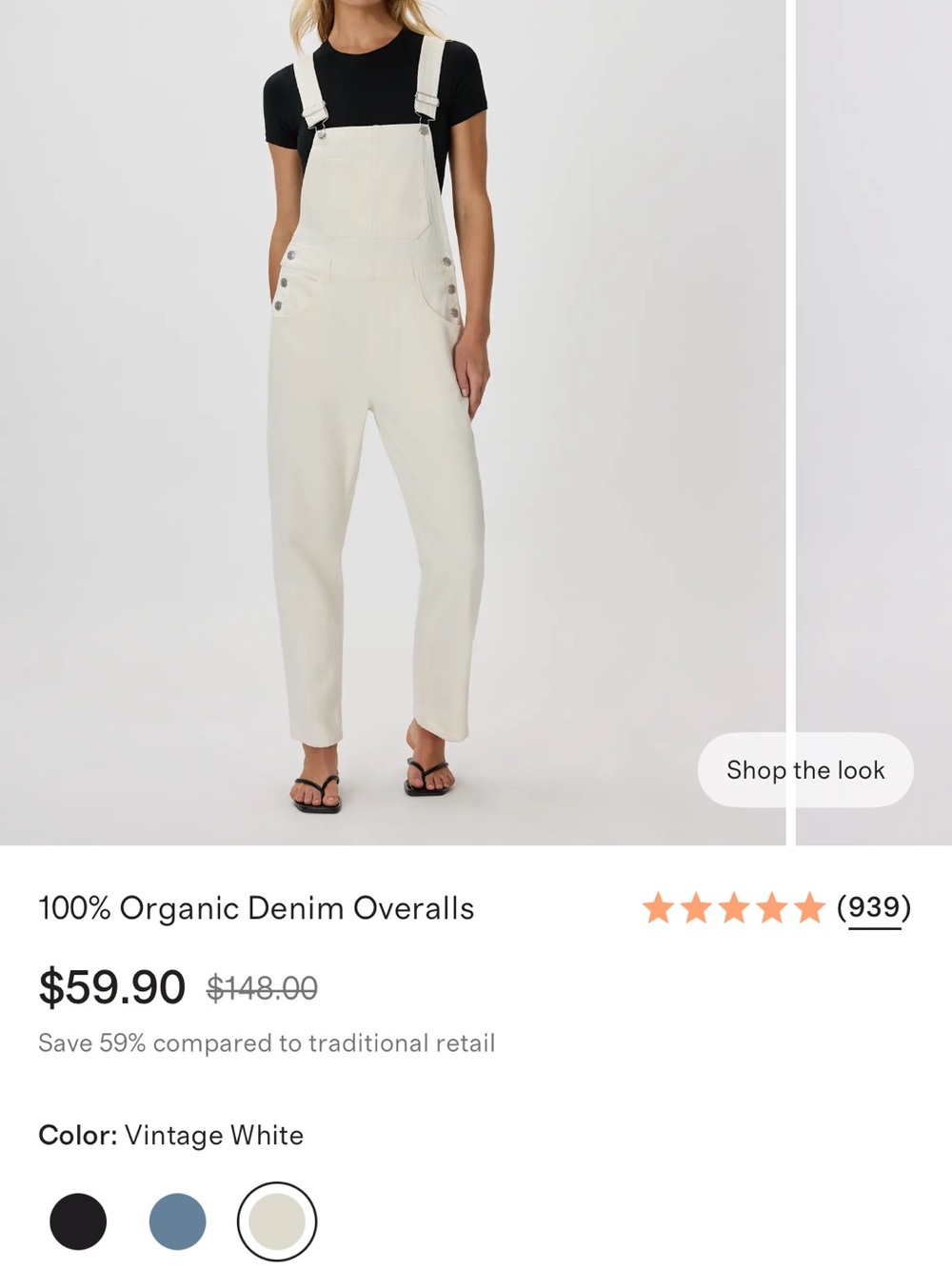 Quince Vintage White Organic Denim Overalls - Straight Leg